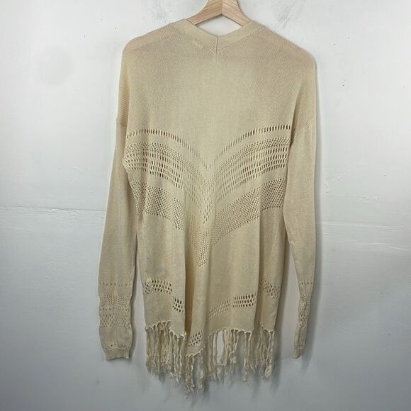 Wild Pearl Open Cardigan with fringe boho cotton crochet design Large cream - Picture 9 of 14
